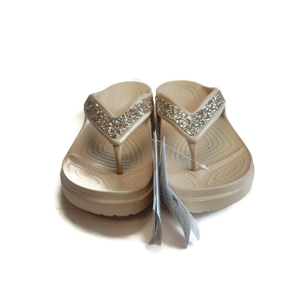 CROCS Womens Sz 10 Sloane Glitter Wedge Flip Flops Lightweight Sandals Chai Gold - Picture 6 of 10